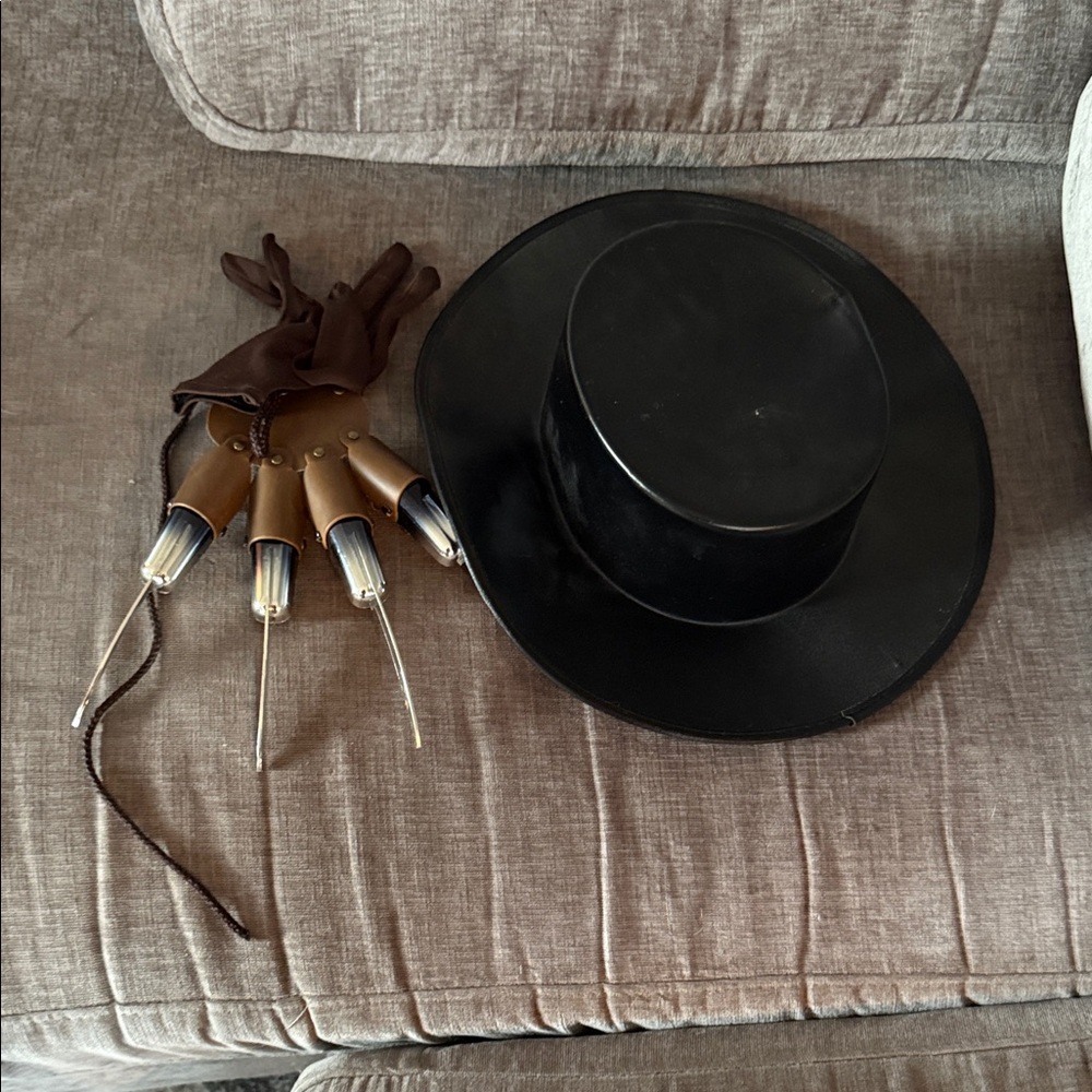 Black Wide-Brim Fedora Hat with Brown Leather Glove Accessory